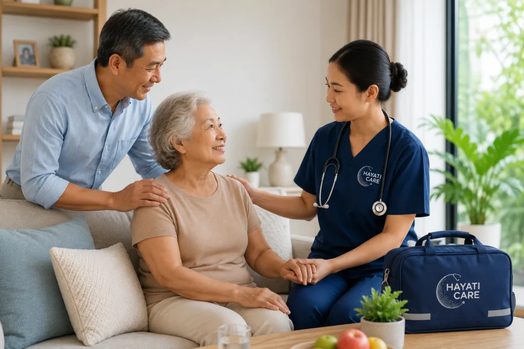 Hayati Care nurse providing personalised home healthcare to an elderly patient while discussing care with a family member in a comfortable home environment.