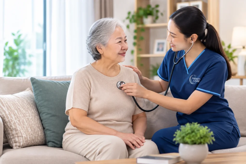 Hayati Care nurse providing professional home healthcare to an elderly patient in the comfort of her home.
