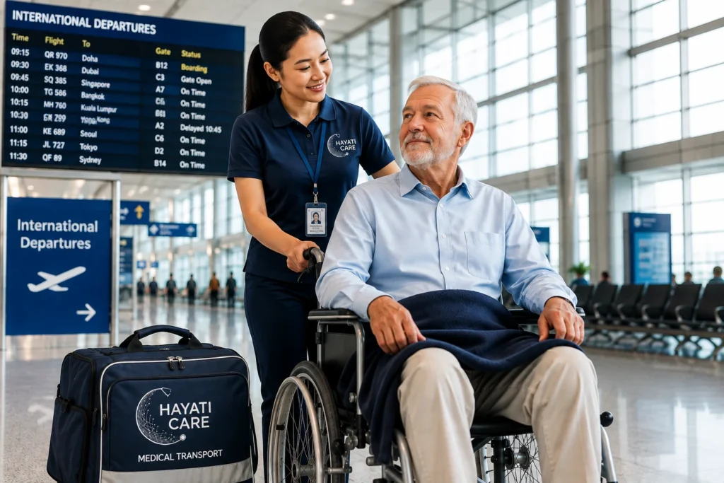 Hayati Care International Medical Repatriation Hayati Care nurse accompanying an elderly patient through an international airport during a professionally coordinated medical repatriation from Cambodia.